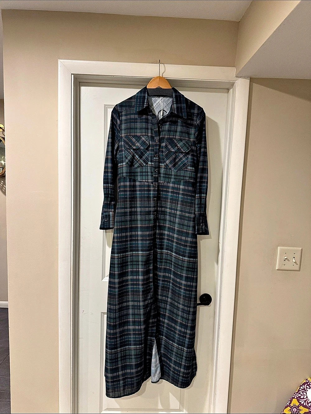 MODESEES Women's Plaid Lapel Single-Breasted Shirt Maxi Dress